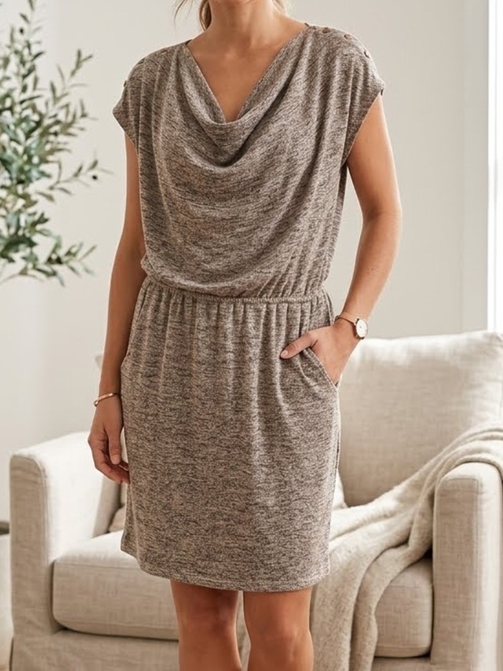 Bar III Dress Heathered Tan Black Midi XL cowl pockets business casual office